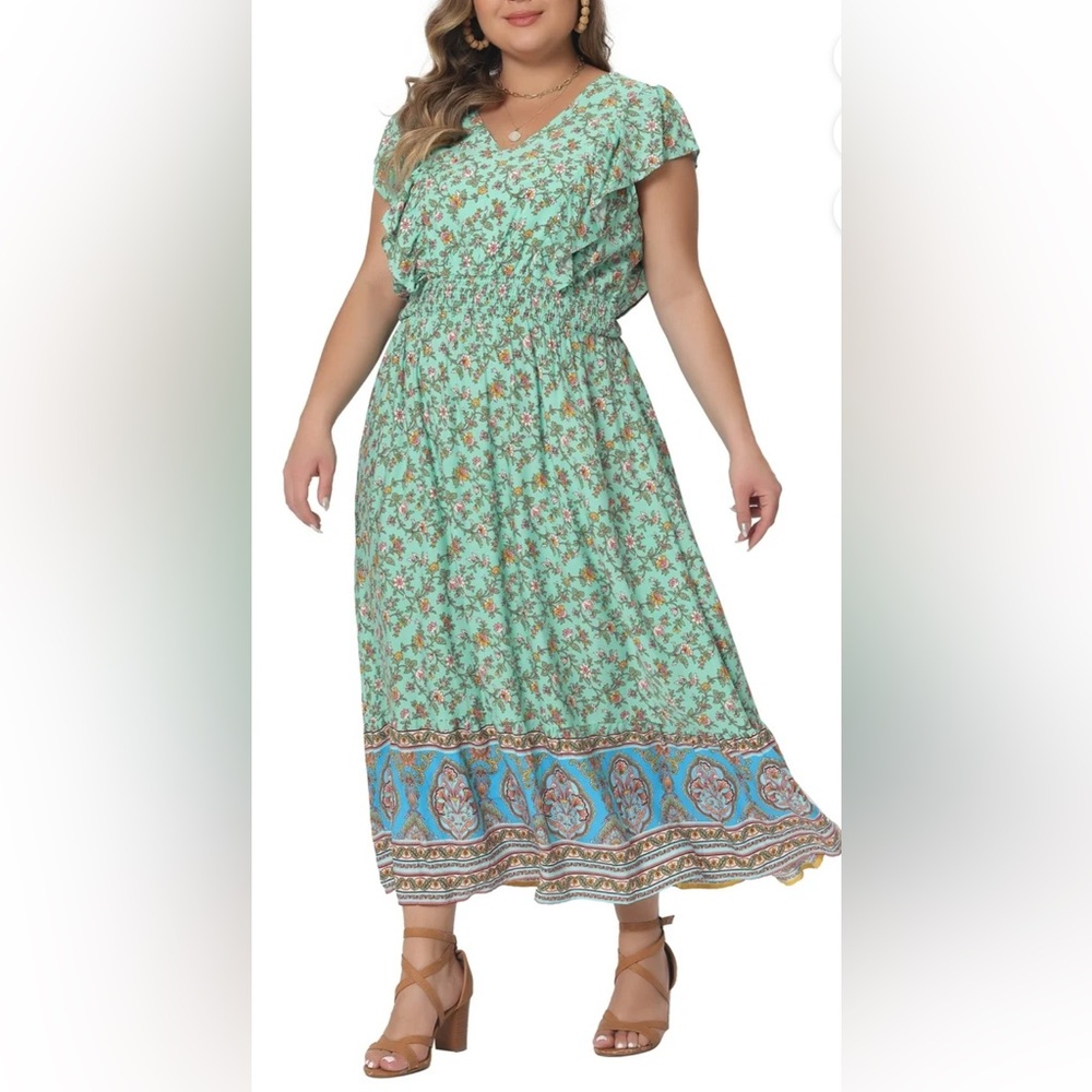 3X New Agnes Orinda Floral Aqua Ruffle Dress
